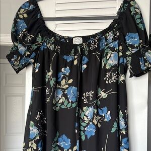 Blue Rain Black Dress with Blue and Green Floral Design